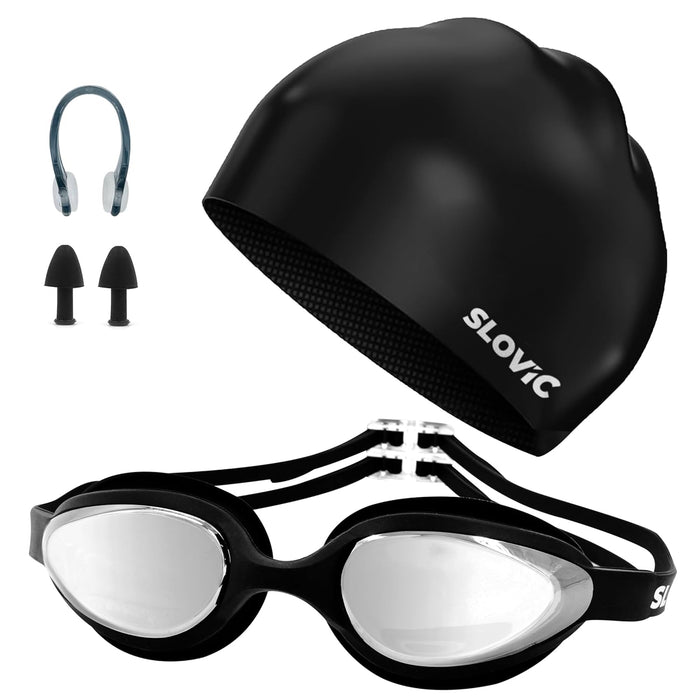 SLOVIC Swimming Combo | Swimming Goggles & Cap | Adult | Unisex | Black