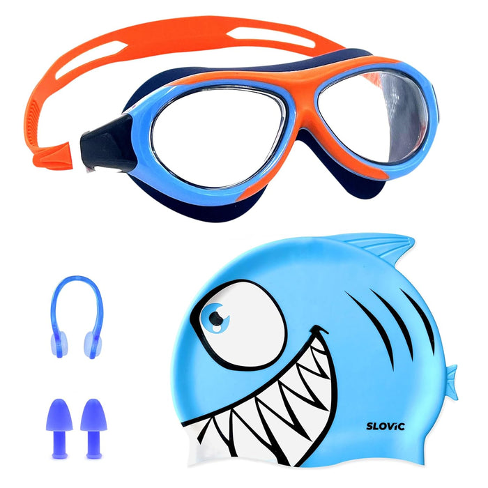 SLOVIC Swimming Kit for Kids | Swimming Goggles & Swimming Cap for Boys & Girls | Blue & Orange