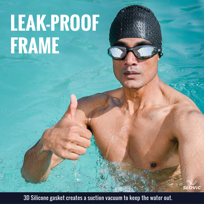 SLOVIC Swimming Combo | Swimming Goggles & Cap | Adult | Unisex | Black