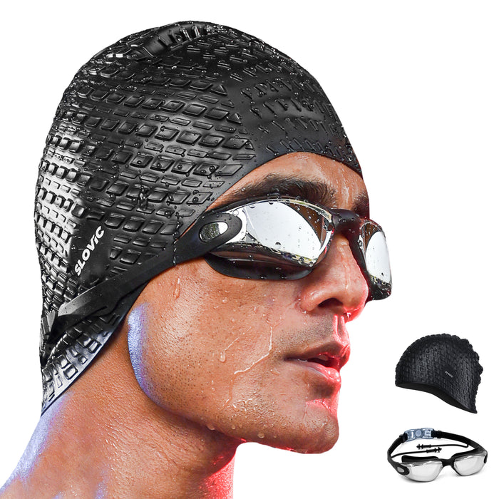 SLOVIC Swimming Combo | Swimming Goggles & Cap | Adult | Unisex | Black