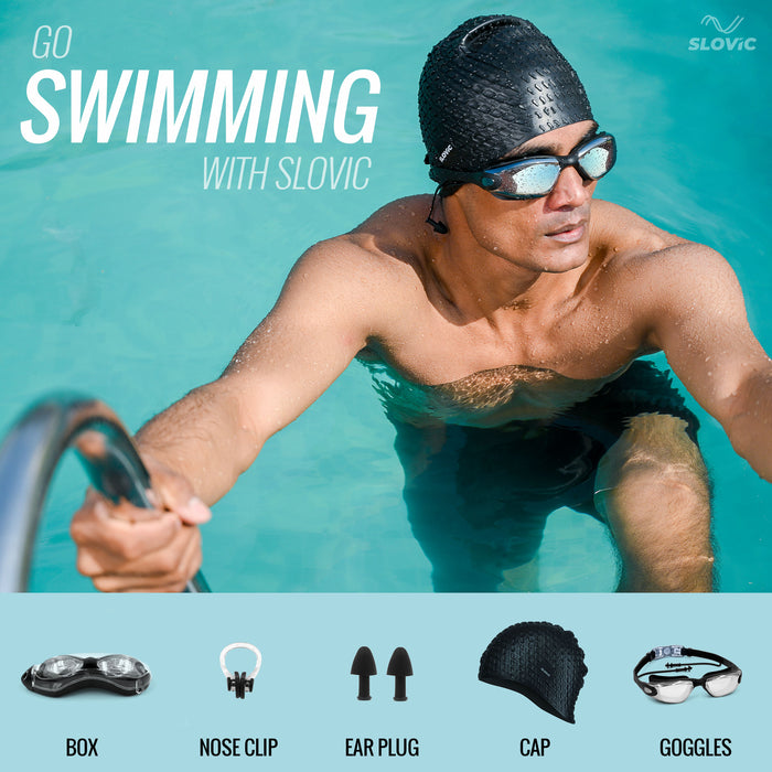 SLOVIC Swimming Combo | Swimming Goggles & Cap | Adult | Unisex | Black
