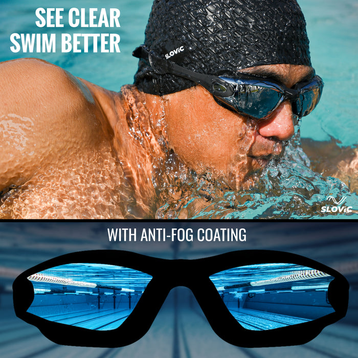 SLOVIC Swimming Combo | Swimming Goggles & Cap | Adult | Unisex | Black