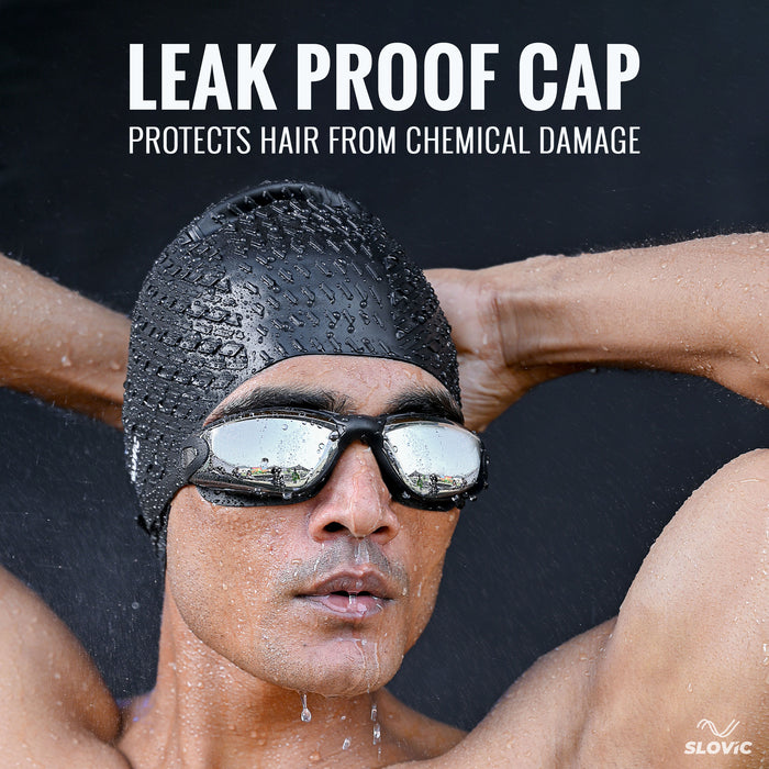 SLOVIC Swimming Combo | Swimming Goggles & Cap | Adult | Unisex | Black