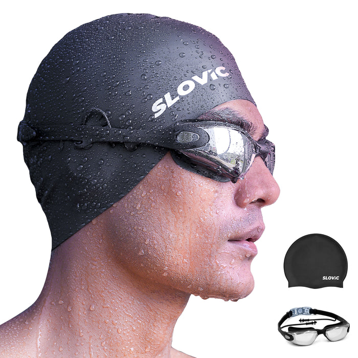 SLOVIC Swimming Combo | Swimming Goggles & Cap | Adult | Unisex | Black