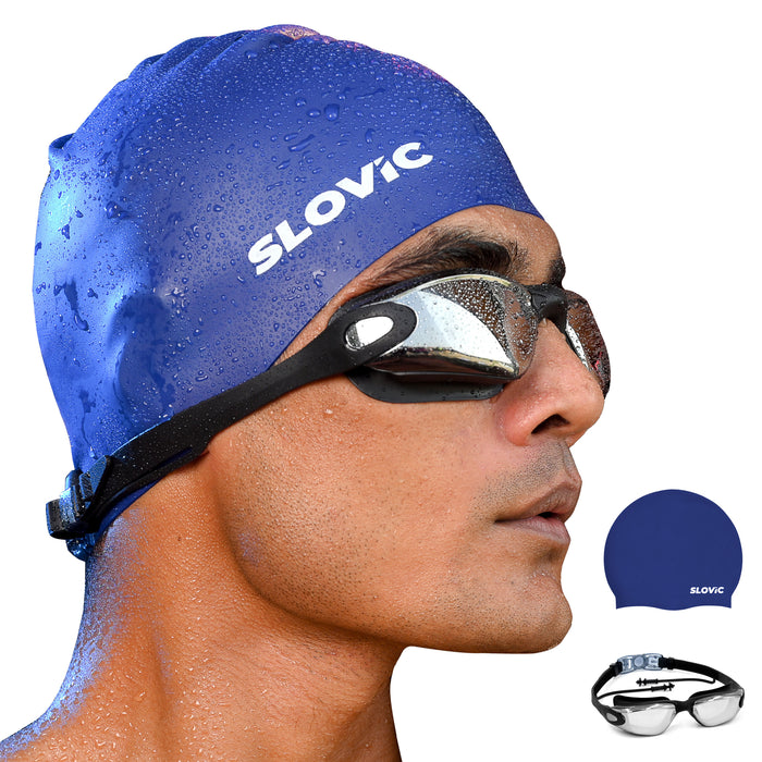 SLOVIC Swimming Combo | Swimming Goggles & Cap | Adult | Unisex | Black & Blue