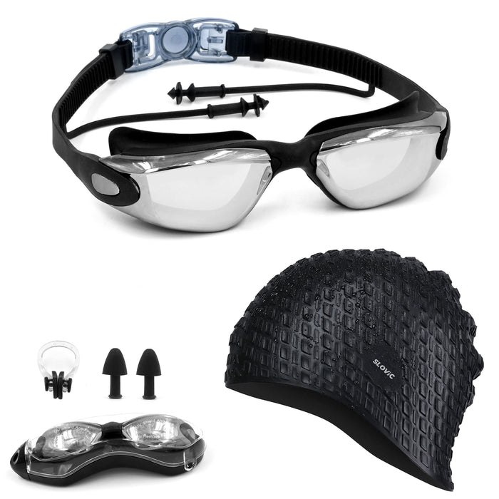 SLOVIC Swimming Combo | Swimming Goggles & Cap | Adult | Unisex | Black