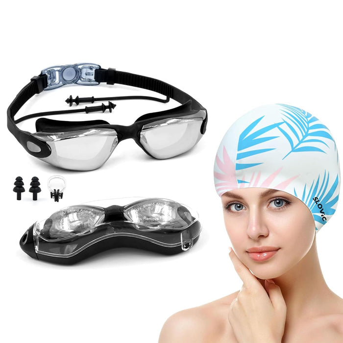 SLOVIC Swimming Combo | Swimming Goggles & Cap | Adult | Unisex | White Leaf & Black