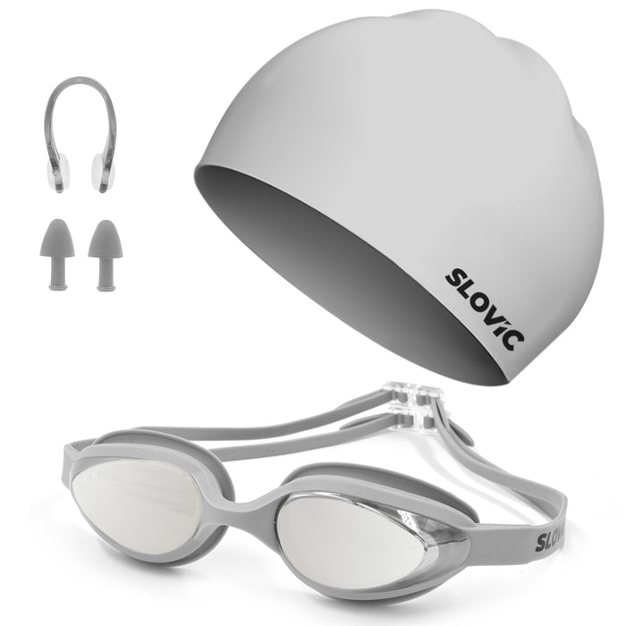 SLOVIC Swimming Combo | Swimming Goggles & Cap | Adult | Unisex | Grey