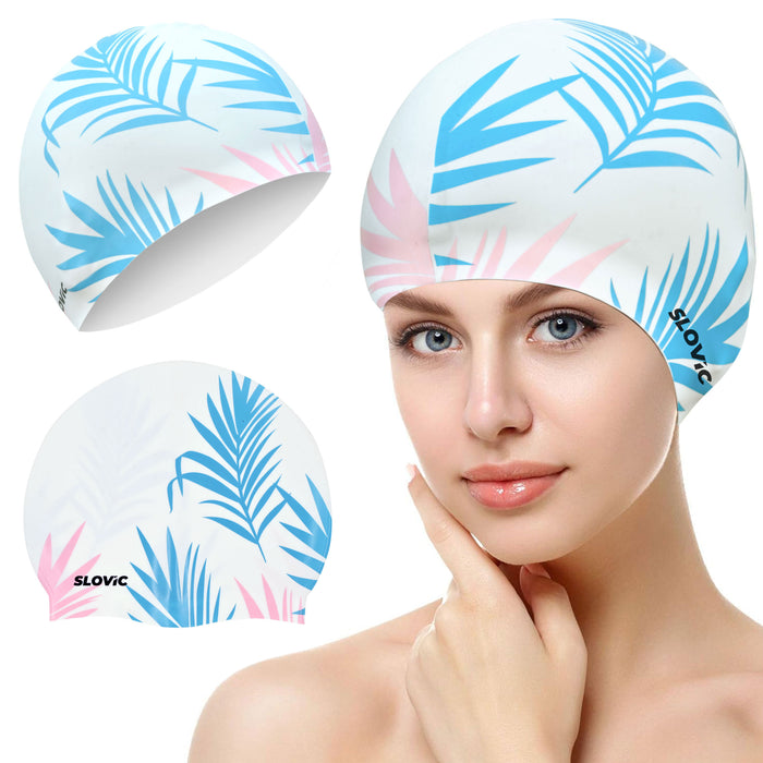 SLOVIC Silicone Swimming Cap | Adult | Unisex | White Leaf Pattern