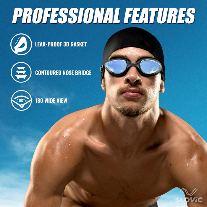 SLOVIC Swimming Combo | Swimming Goggles & Cap | Adult | Unisex | Black