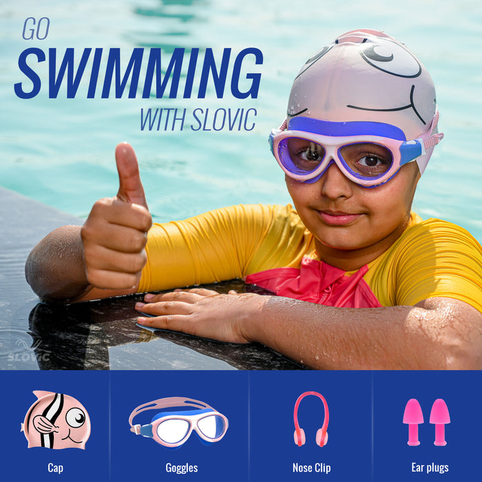 SLOVIC Swimming Kit for Kids | Swimming Goggles & Swimming Cap for Boys & Girls | Pink