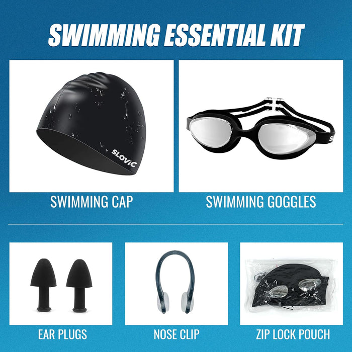 SLOVIC Swimming Combo | Swimming Goggles & Cap | Adult | Unisex | Black