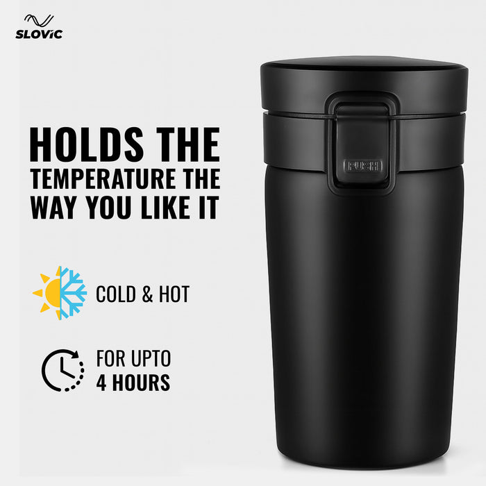 Slovic Vacuum Insulated Tumbler Bottle [400 ML] | BPA Free Coffee Mug Travel | Stainless Steel Mug for Travel | 100% Leak-Proof & Hot & Cold Tumblers | Black
