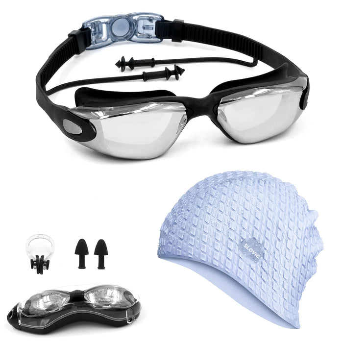 SLOVIC Swimming Combo | Swimming Goggles & Cap | Adult | Unisex | Black+Blue