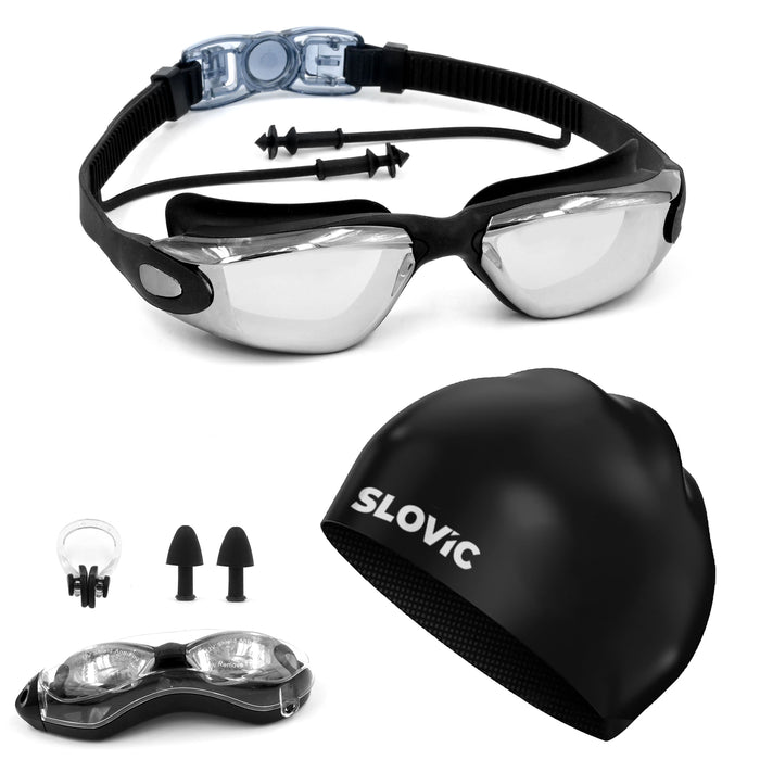 SLOVIC Swimming Combo | Swimming Goggles & Cap | Adult | Unisex | Black