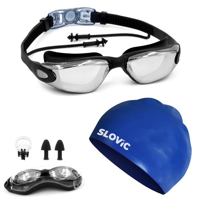 SLOVIC Swimming Combo | Swimming Goggles & Cap | Adult | Unisex | Black & Blue