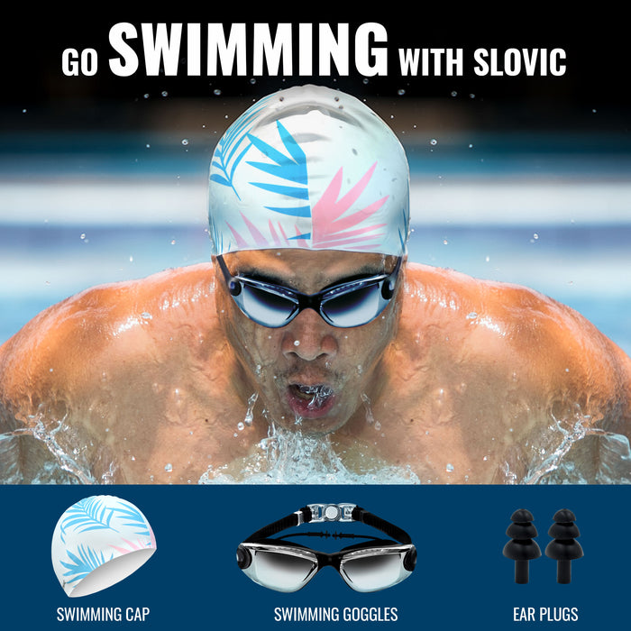 SLOVIC Swimming Combo | Swimming Goggles & Cap | Adult | Unisex | White Leaf & Black