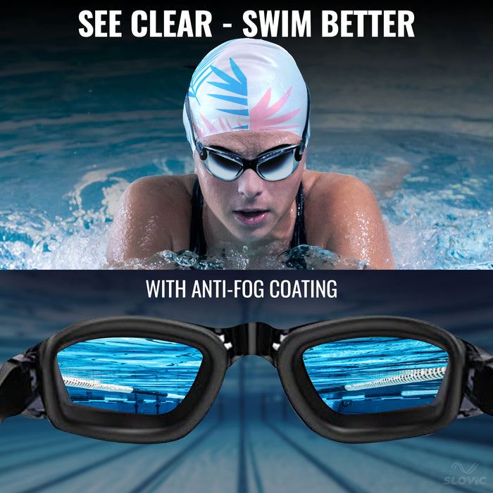 SLOVIC Swimming Combo | Swimming Goggles & Cap | Adult | Unisex | White Leaf & Black
