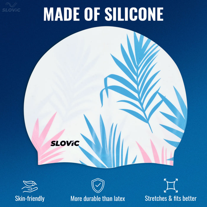 SLOVIC Swimming Combo | Swimming Goggles & Cap | Adult | Unisex | White Leaf & Black
