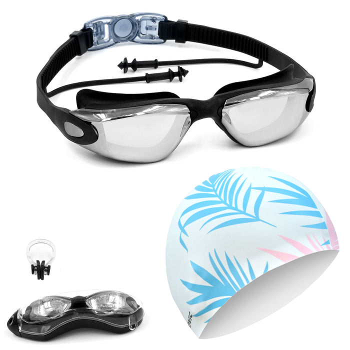 SLOVIC Swimming Combo | Swimming Goggles & Cap | Adult | Unisex | White Leaf & Black