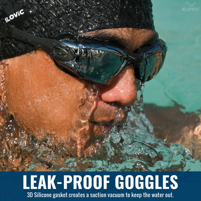 SLOVIC Swimming Combo | Swimming Goggles & Cap | Adult | Unisex | White Leaf & Black