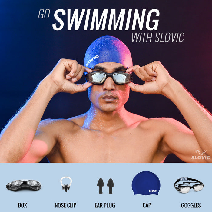 SLOVIC Swimming Combo | Swimming Goggles & Cap | Adult | Unisex | Black & Blue