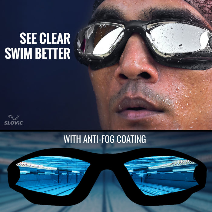 SLOVIC Swimming Combo | Swimming Goggles & Cap | Adult | Unisex | Black