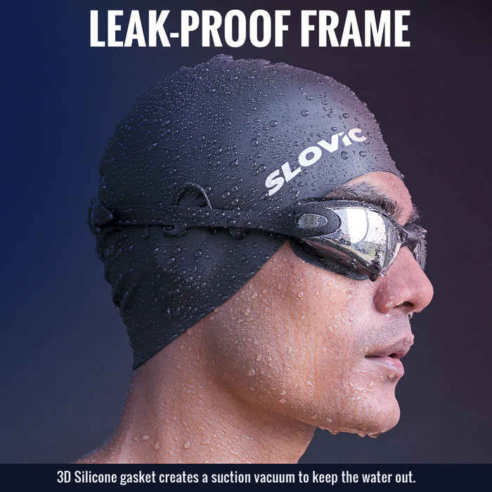 SLOVIC Swimming Combo | Swimming Goggles & Cap | Adult | Unisex | Black
