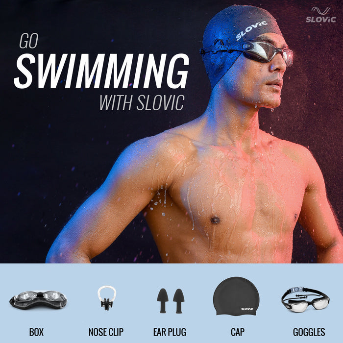 SLOVIC Swimming Combo | Swimming Goggles & Cap | Adult | Unisex | Black