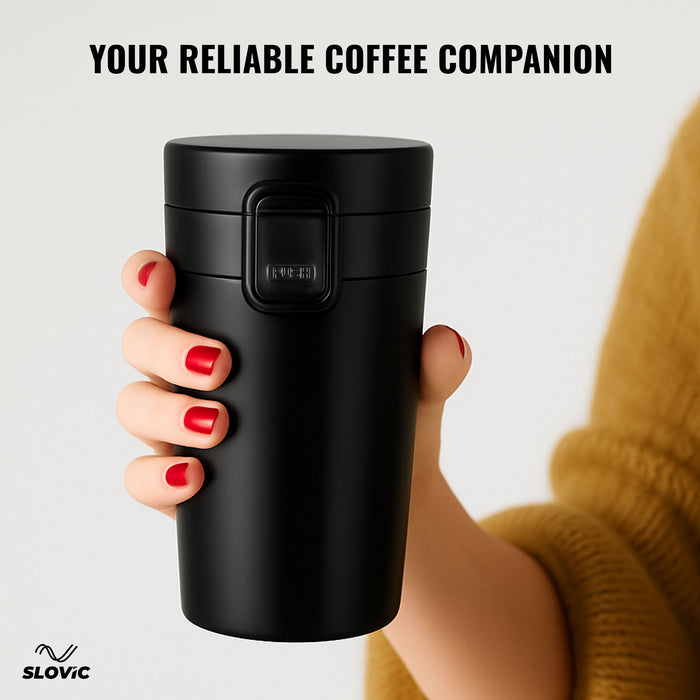 Slovic Vacuum Insulated Tumbler Bottle [400 ML] | BPA Free Coffee Mug Travel | Stainless Steel Mug for Travel | 100% Leak-Proof & Hot & Cold Tumblers | Black