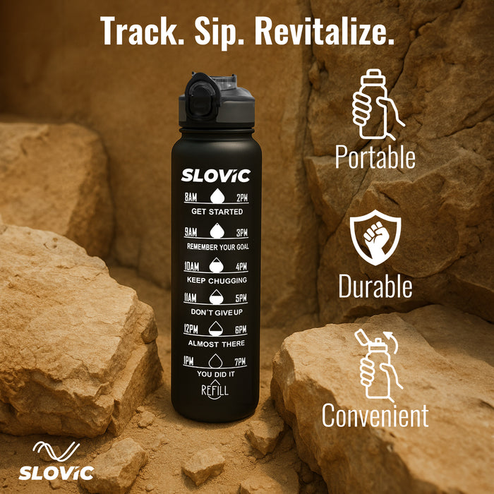 SLOVIC Sipper Water Bottle 1 Ltr | Gym Sipper Water Bottles for Adults | Motivational Water Bottle Ideal for Gym, Office, Travel & School | 100% BPA Free | Wide Mouth for Easy Cleaning