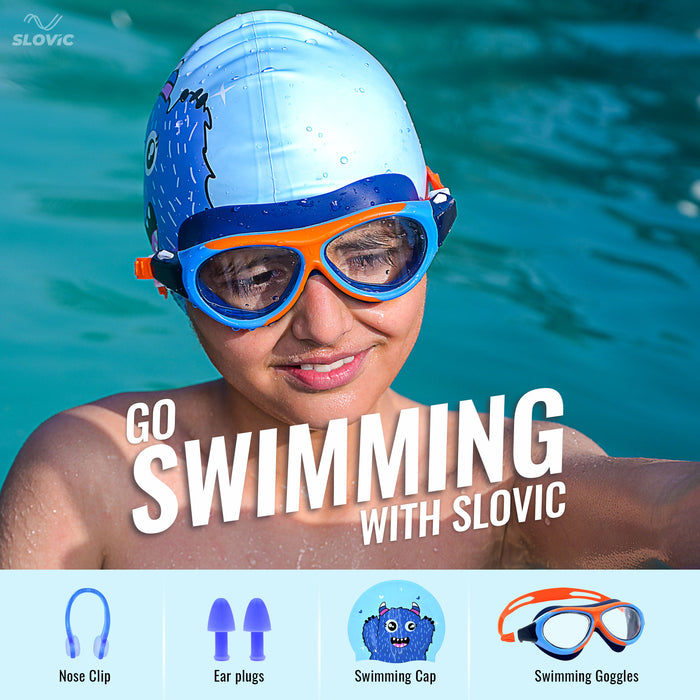 SLOVIC Swimming Kit for Kids | Swimming Goggles & Swimming Cap for Girls & Boys