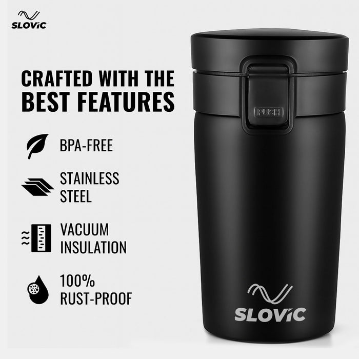 Slovic Vacuum Insulated Tumbler Bottle [400 ML] | BPA Free Coffee Mug Travel | Stainless Steel Mug for Travel | 100% Leak-Proof & Hot & Cold Tumblers | Black