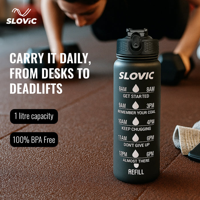 SLOVIC Sipper Water Bottle 1 Ltr | Gym Sipper Water Bottles for Adults | Motivational Water Bottle Ideal for Gym, Office, Travel & School | 100% BPA Free | Wide Mouth for Easy Cleaning