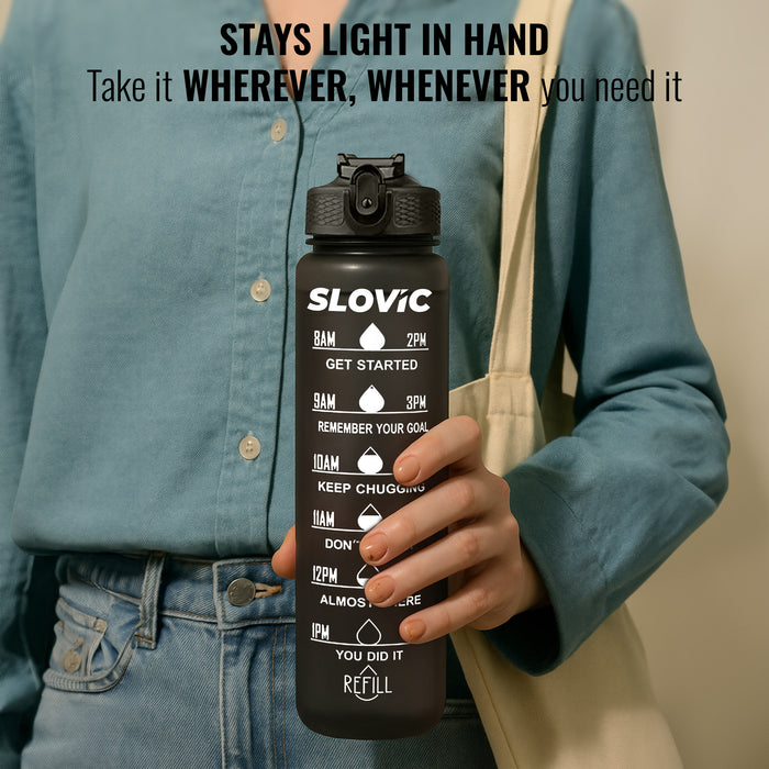 SLOVIC Sipper Water Bottle 1 Ltr | Gym Sipper Water Bottles for Adults | Motivational Water Bottle Ideal for Gym, Office, Travel & School | 100% BPA Free | Wide Mouth for Easy Cleaning