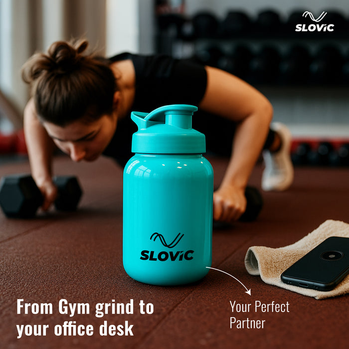 SLOVIC Water Bottle with Sipper Cap [600 ML] | Leaf-Proof Gym Bottles for Adults | 100% BPA Free Water Bottle for School Kids | Ideal for Traveling & Office | Ergonomic Carry Handle | Solid Blue