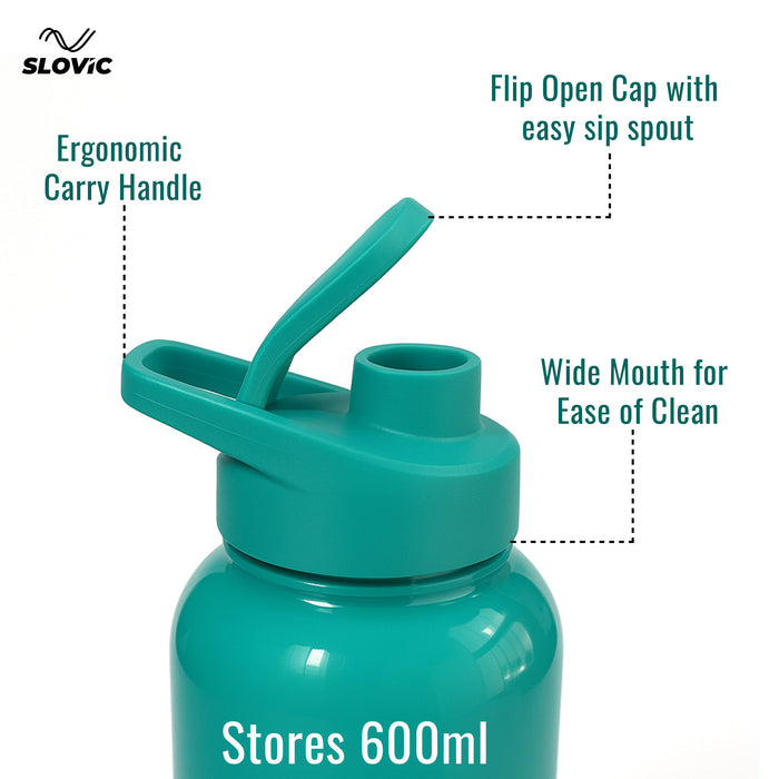 SLOVIC Water Bottle with Sipper Cap [600 ML] | Leaf-Proof Gym Bottles for Adults | 100% BPA Free Water Bottle for School Kids | Ideal for Traveling & Office | Ergonomic Carry Handle | Solid Blue