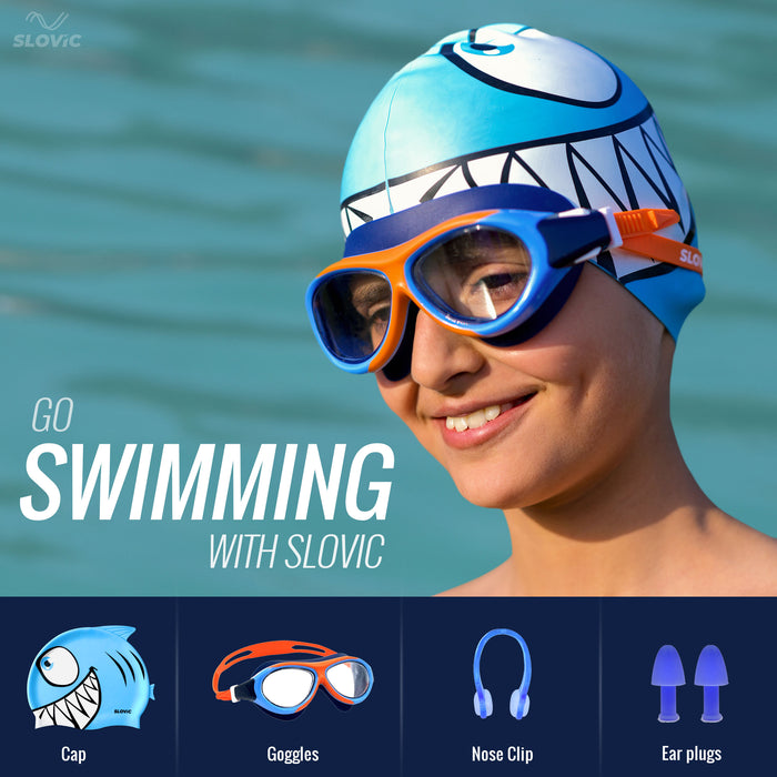SLOVIC Swimming Kit for Kids | Swimming Goggles & Swimming Cap for Boys & Girls | Blue & Orange