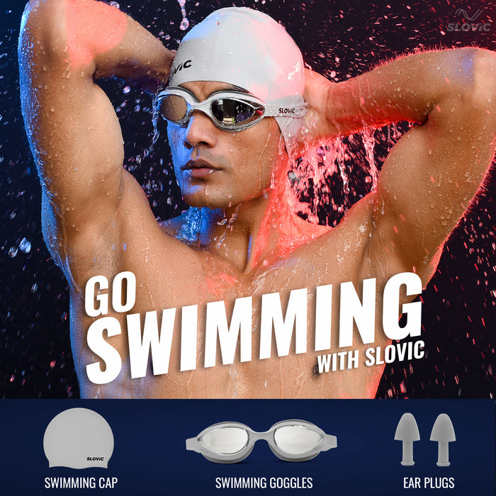 SLOVIC Swimming Combo | Swimming Goggles & Cap | Adult | Unisex | Grey