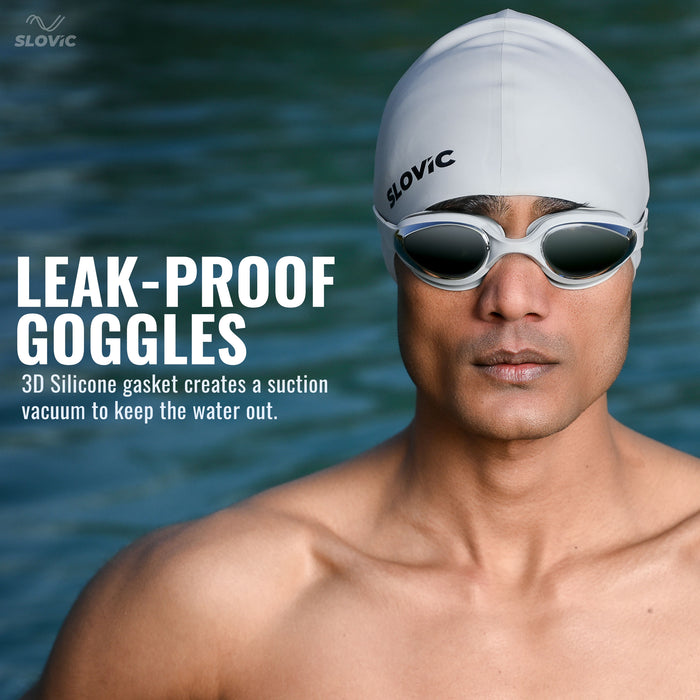 SLOVIC Swimming Combo | Swimming Goggles & Cap | Adult | Unisex | Grey