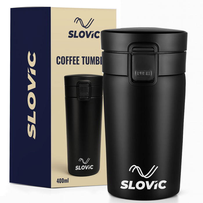 Slovic Vacuum Insulated Tumbler Bottle [400 ML] | BPA Free Coffee Mug Travel | Stainless Steel Mug for Travel | 100% Leak-Proof & Hot & Cold Tumblers | Black