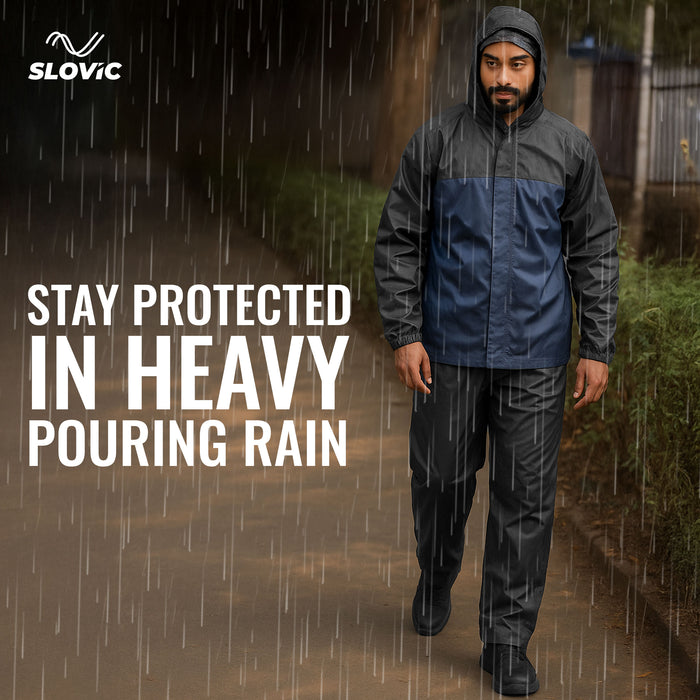 Sloivc Rain Coat for Men Waterproof | Rain Jacket for Men Waterproof | Durable & Lightweight Raincoat with Cap & Pant | Camping Accessories for Outdoor | Navy Blue