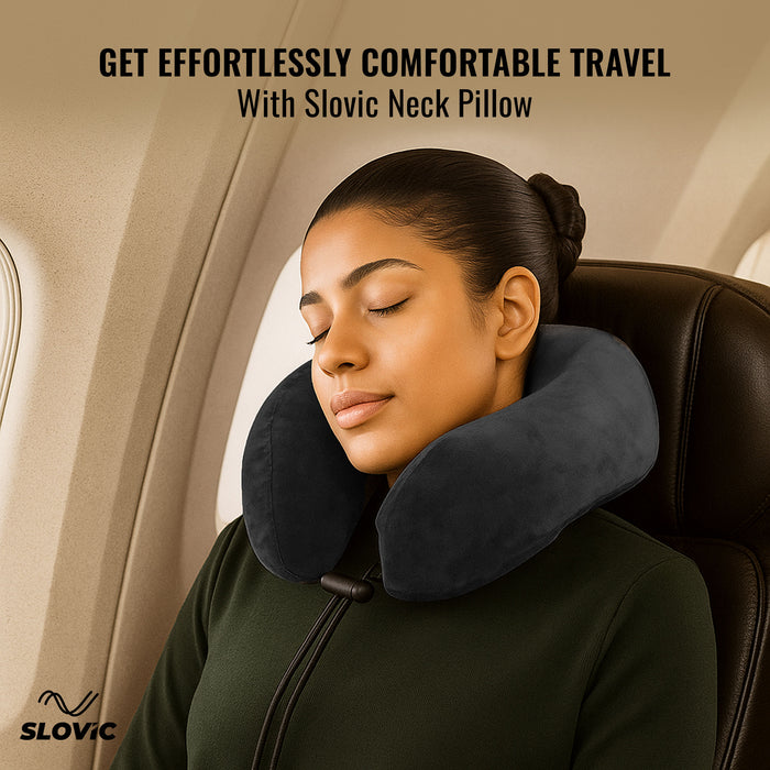 SLOVIC Neck Pillow for Travelling | Premium Memory Foam Pillow for Flight, Car, Bus, Train | 360° Neck Support with Soft Fabric | Travel Accessories | Includes Carrying Bag