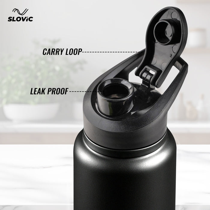 SLOVIC Steel Water Bottle 1 Ltr | Fridge Water Bottle with Sipper Cap | 100% BPA Free & leak-Proof | Sipper Bottles for Adults | Ideal for School, Gym, Office, Travel | Black