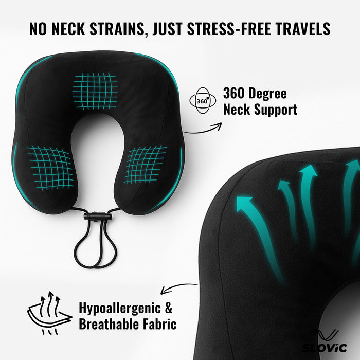 SLOVIC Neck Pillow for Travelling | Premium Memory Foam Pillow for Flight, Car, Bus, Train | 360° Neck Support with Soft Fabric | Travel Accessories | Includes Carrying Bag