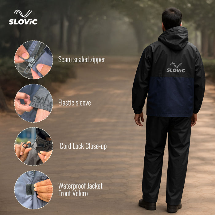Sloivc Rain Coat for Men Waterproof | Rain Jacket for Men Waterproof | Durable & Lightweight Raincoat with Cap & Pant | Camping Accessories for Outdoor | Navy Blue