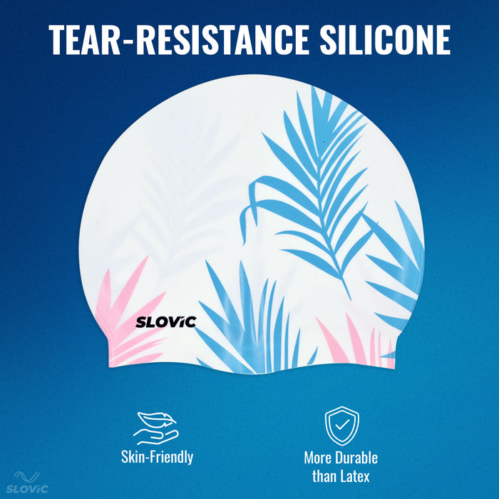 SLOVIC Silicone Swimming Cap | Adult | Unisex | White Leaf Pattern
