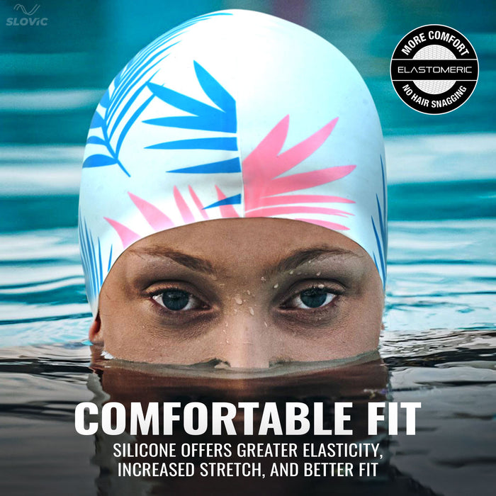 SLOVIC Silicone Swimming Cap | Adult | Unisex | White Leaf Pattern